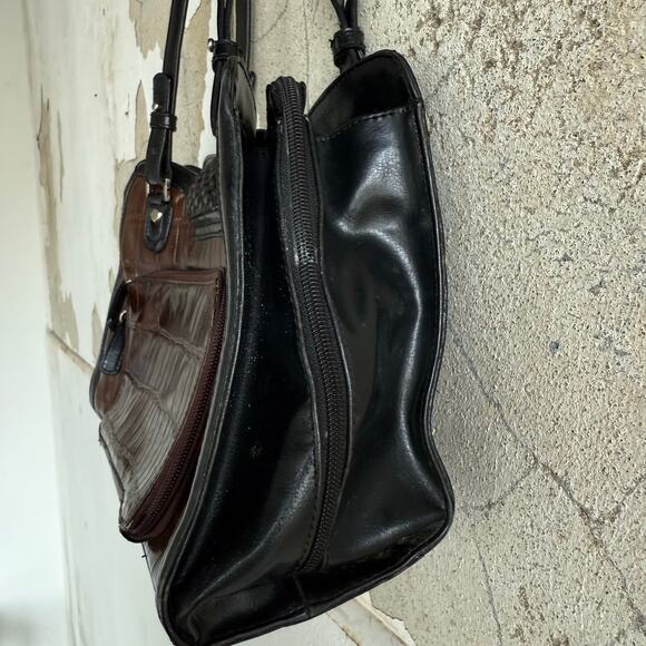 M.C. Croc Embossed Shoulder Bag Woven Flap Heart Charm Black Brown Satchel Purse - Picture 8 of 14